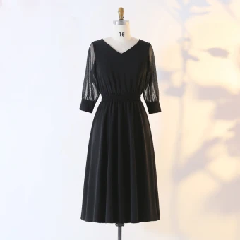 Modern Fashion Black Plus Size Evening Dresses 2020 A Line Princess V Neck Long Sleeve See Through Buttons Solid Color Tea Length Summer Evening Party Formal Dresses