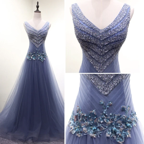 Schöne Himmelblau Abendkleider 2017 A Linie V-Ausschnitt Organza Pailletten Applikationen Rückenfreies Abend Festliche Kleider