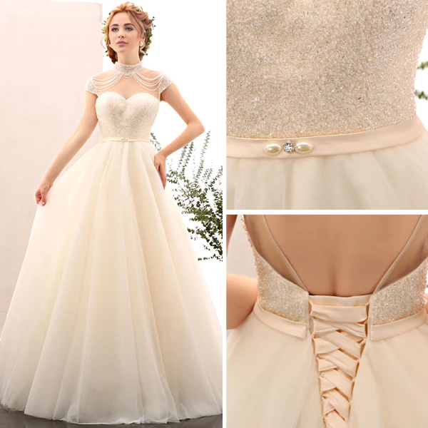 Amazing / Unique Champagne Wedding 2017 A-Line / Princess Organza High Neck Heart-shaped Backless Beading Wedding Dresses