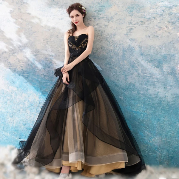 Chic / Beautiful Black 2018 Prom Dresses A-Line / Princess Tulle Floor-Length / Long Winter Strapless Beading Appliques Backless Evening Party Prom Formal Dresses