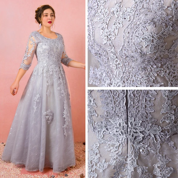 Chic / Beautiful Grey Plus Size Evening Dresses 2018 A-Line / Princess  Tulle U-Neck Appliques Backless Beading Handmade Evening Party Formal  Dresses