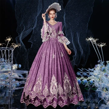 Vintage Originale Médiévale Grape Robe Boule Robe De Bal 2021 Longue 3 4 Manches U Cou Fermeture Éclair Fait Main Perlage Faux Diamant Dentelle 3d Dos Nu Promo Cosplay Robe De Ceremonie