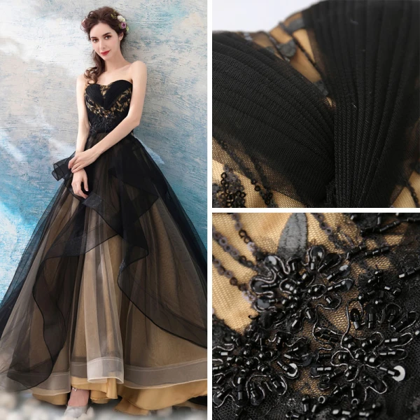 Chic / Beautiful Black 2018 Prom Dresses A-Line / Princess Tulle Floor-Length / Long Winter Strapless Beading Appliques Backless Evening Party Prom Formal Dresses