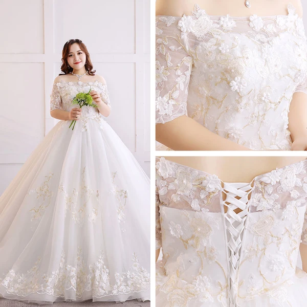 Luxus / Herrlich Weiß Übergröße Ballkleid Brautkleider / Hochzeitskleider 2019 Spitze Tülle Applikationen Rückenfreies Stickerei Handgefertigt Bandeau Kapelle-Schleppe Hochzeit