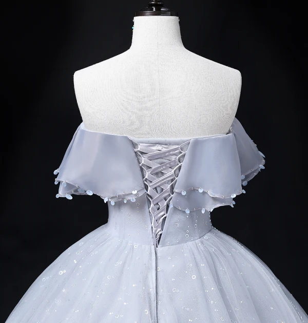 Chic / Beautiful Grey Prom Dresses 2022 Ball Gown Strapless Short Sleeve Backless Beading Pearl Sequins Floor-Length / Long Formal Dresses