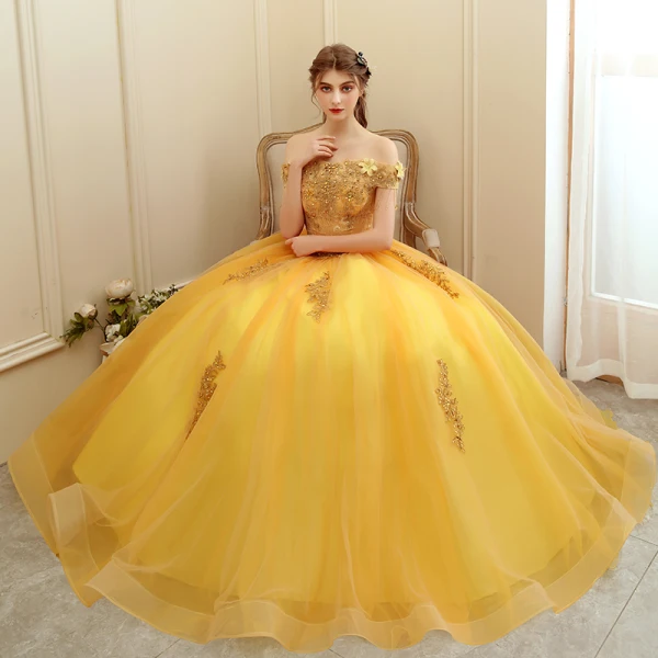 Affordable Gold Prom Dresses 2020 Ball Gown Off-The-Shoulder Short Sleeve Appliques Lace Beading Tassel Floor-Length / Long Ruffle Backless Formal Dresses