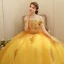 Affordable Gold Prom Dresses 2020 Ball Gown Off-The-Shoulder Short Sleeve Appliques Lace Beading Tassel Floor-Length / Long Ruffle Backless Formal Dresses