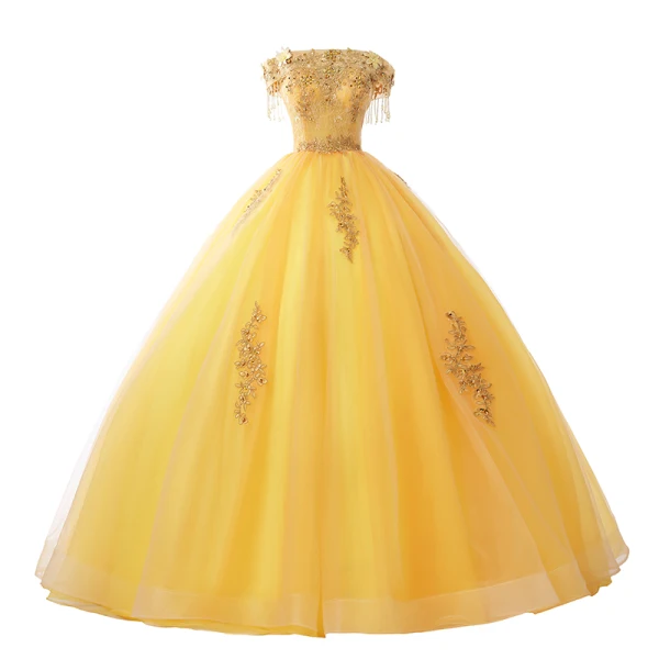 Affordable Gold Prom Dresses 2020 Ball Gown Off-The-Shoulder Short Sleeve Appliques Lace Beading Tassel Floor-Length / Long Ruffle Backless Formal Dresses