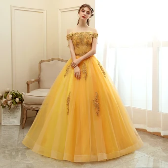 Affordable Gold Prom Dresses 2020 Ball Gown Off The Shoulder Short Sleeve Appliques Lace Beading Tassel Floor Length Long Ruffle Backless Formal Dresses