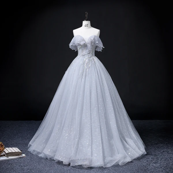 Chic / Beautiful Grey Prom Dresses 2022 Ball Gown Strapless Short Sleeve Backless Beading Pearl Sequins Floor-Length / Long Formal Dresses