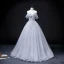 Chic / Beautiful Grey Prom Dresses 2022 Ball Gown Strapless Short Sleeve Backless Beading Pearl Sequins Floor-Length / Long Formal Dresses