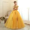 Affordable Gold Prom Dresses 2020 Ball Gown Off-The-Shoulder Short Sleeve Appliques Lace Beading Tassel Floor-Length / Long Ruffle Backless Formal Dresses