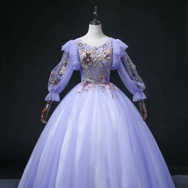 Elegant Lavender Sequins Lace Flower Prom Dresses 2022 Ball Gown Scoop Neck 3/4 Sleeve Backless Floor-Length / Long Formal Dresses
