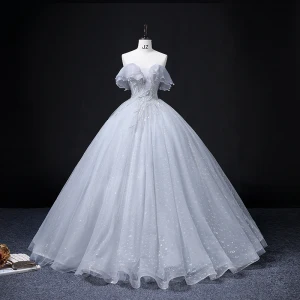 Hermoso Gris Vestidos De Gala 2022 Ball Gown Sin Tirantes Manga Corta Sin Espalda Rebordear Perla Lentejuelas Largos Vestidos Formales