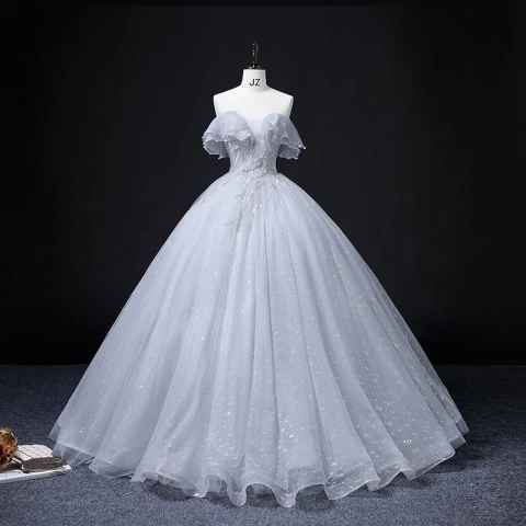 Hermoso Gris Vestidos de gala 2022 Ball Gown Sin Tirantes Manga Corta Sin Espalda Rebordear Perla Lentejuelas Largos Vestidos Formales