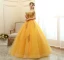 Affordable Gold Prom Dresses 2020 Ball Gown Off-The-Shoulder Short Sleeve Appliques Lace Beading Tassel Floor-Length / Long Ruffle Backless Formal Dresses