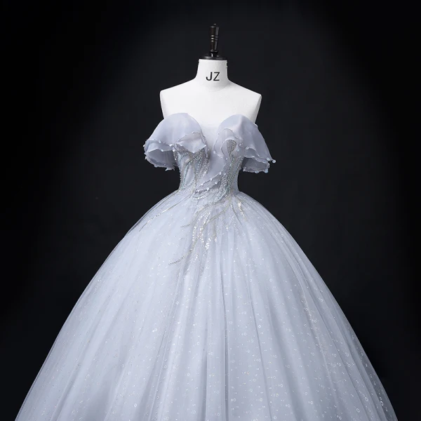 Chic / Beautiful Grey Prom Dresses 2022 Ball Gown Strapless Short Sleeve Backless Beading Pearl Sequins Floor-Length / Long Formal Dresses