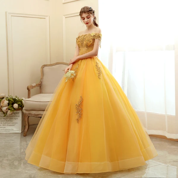 Affordable Gold Prom Dresses 2020 Ball Gown Off-The-Shoulder Short Sleeve Appliques Lace Beading Tassel Floor-Length / Long Ruffle Backless Formal Dresses