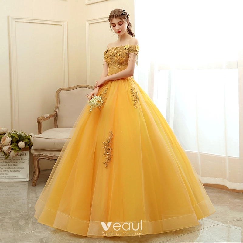 Affordable Gold Prom Dresses 2020 Ball Gown Off-The-Shoulder Short Sleeve Appliques Lace