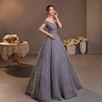 Scintillantes Gris Paillettes Robe De Bal 2022 Princesse De L Épaule Manches Courtes Dos Nu Longue Promo Robe De Ceremonie