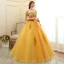 Affordable Gold Prom Dresses 2020 Ball Gown Off-The-Shoulder Short Sleeve Appliques Lace Beading Tassel Floor-Length / Long Ruffle Backless Formal Dresses