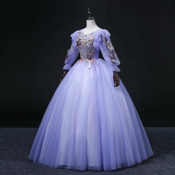 Elegant Lavender Sequins Lace Flower Prom Dresses 2022 Ball Gown Scoop Neck 3/4 Sleeve Backless Floor-Length / Long Formal Dresses