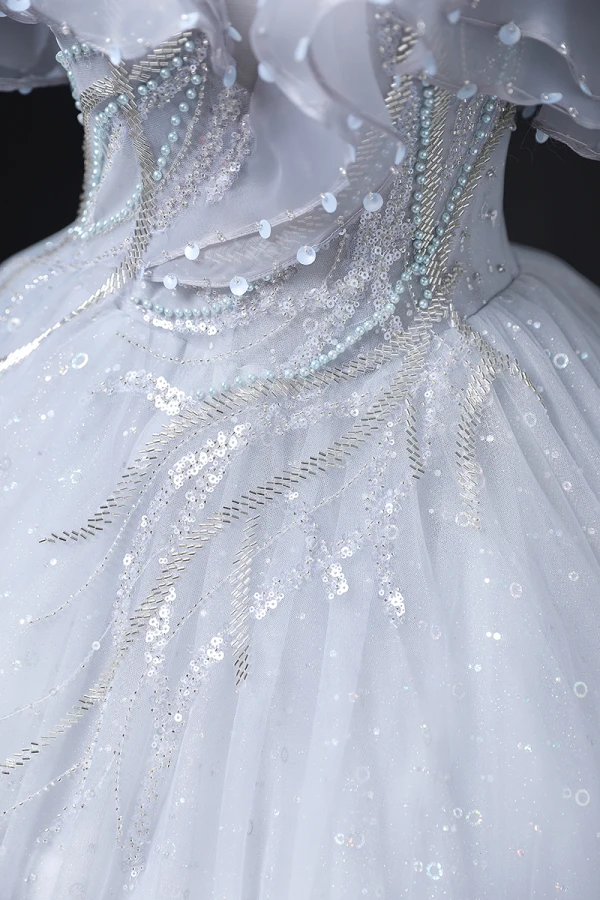 Chic / Beautiful Grey Prom Dresses 2022 Ball Gown Strapless Short Sleeve Backless Beading Pearl Sequins Floor-Length / Long Formal Dresses