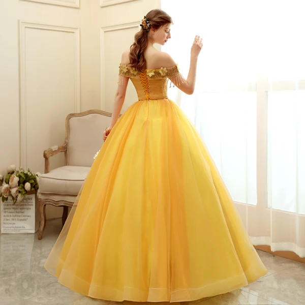 Affordable Gold Prom Dresses 2020 Ball Gown Off-The-Shoulder Short Sleeve Appliques Lace Beading Tassel Floor-Length / Long Ruffle Backless Formal Dresses