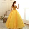 Affordable Gold Prom Dresses 2020 Ball Gown Off-The-Shoulder Short Sleeve Appliques Lace Beading Tassel Floor-Length / Long Ruffle Backless Formal Dresses
