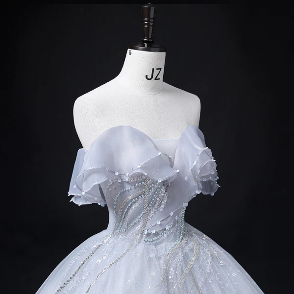 Chic / Beautiful Grey Prom Dresses 2022 Ball Gown Strapless Short Sleeve Backless Beading Pearl Sequins Floor-Length / Long Formal Dresses