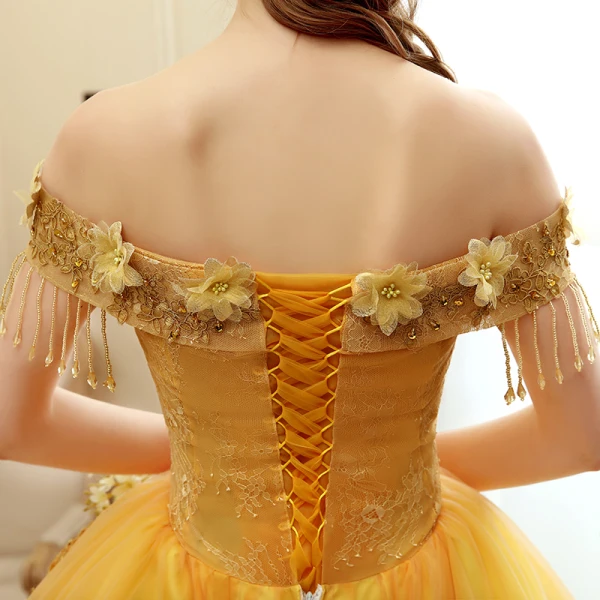 Affordable Gold Prom Dresses 2020 Ball Gown Off-The-Shoulder Short Sleeve Appliques Lace Beading Tassel Floor-Length / Long Ruffle Backless Formal Dresses