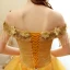 Affordable Gold Prom Dresses 2020 Ball Gown Off-The-Shoulder Short Sleeve Appliques Lace Beading Tassel Floor-Length / Long Ruffle Backless Formal Dresses