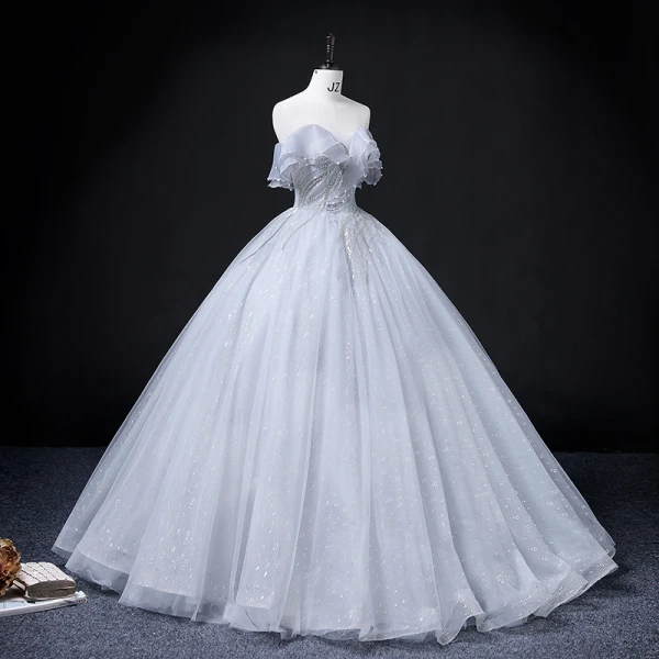 Chic / Beautiful Grey Prom Dresses 2022 Ball Gown Strapless Short Sleeve Backless Beading Pearl Sequins Floor-Length / Long Formal Dresses