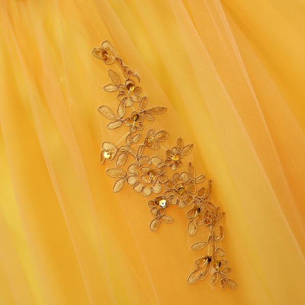Affordable Gold Prom Dresses 2020 Ball Gown Off-The-Shoulder Short Sleeve Appliques Lace Beading Tassel Floor-Length / Long Ruffle Backless Formal Dresses