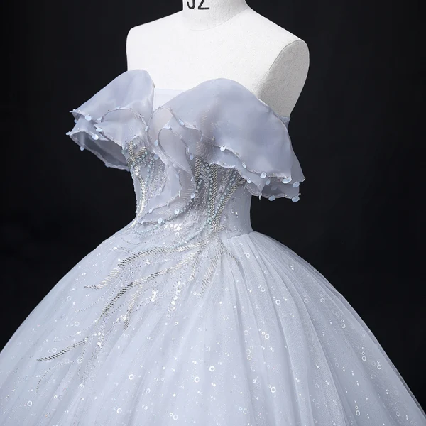 Chic / Beautiful Grey Prom Dresses 2022 Ball Gown Strapless Short Sleeve Backless Beading Pearl Sequins Floor-Length / Long Formal Dresses