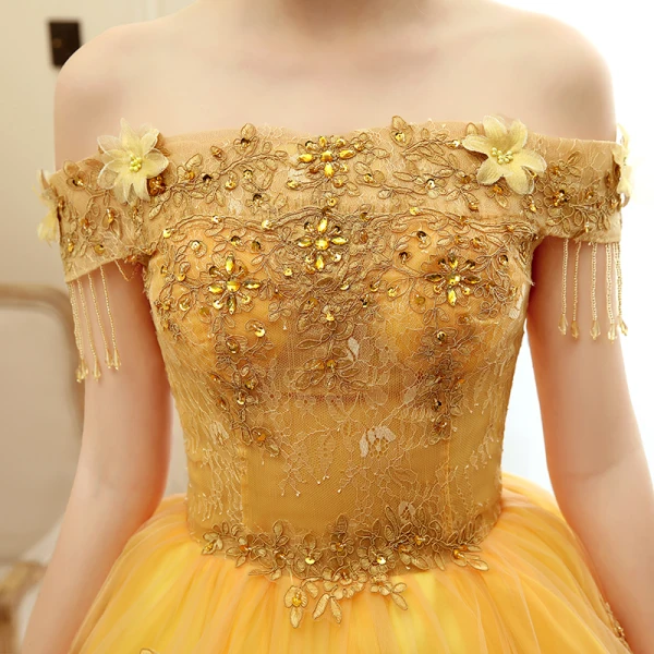 Affordable Gold Prom Dresses 2020 Ball Gown Off-The-Shoulder Short Sleeve Appliques Lace Beading Tassel Floor-Length / Long Ruffle Backless Formal Dresses