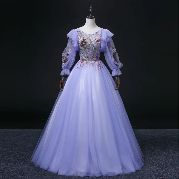 Elegant Lavender Sequins Lace Flower Prom Dresses 2022 Ball Gown Scoop Neck 3/4 Sleeve Backless Floor-Length / Long Formal Dresses