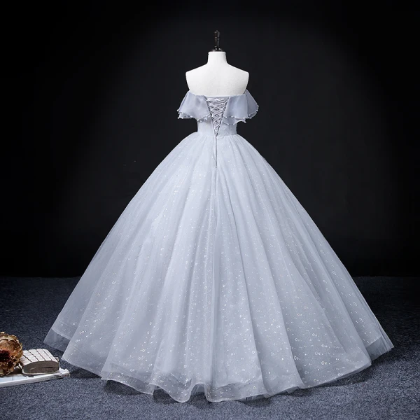 Chic / Beautiful Grey Prom Dresses 2022 Ball Gown Strapless Short Sleeve Backless Beading Pearl Sequins Floor-Length / Long Formal Dresses