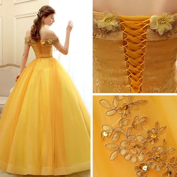 Affordable Gold Prom Dresses 2020 Ball Gown Off-The-Shoulder Short Sleeve Appliques Lace