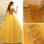 Affordable Gold Prom Dresses 2020 Ball Gown Off-The-Shoulder Short Sleeve Appliques Lace Beading Tassel Floor-Length / Long Ruffle Backless Formal Dresses