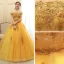 Affordable Gold Prom Dresses 2020 Ball Gown Off-The-Shoulder Short Sleeve Appliques Lace Beading Tassel Floor-Length / Long Ruffle Backless Formal Dresses