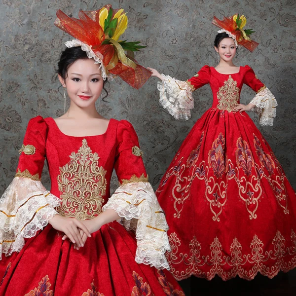 Vintage / Retro Medieval Red Ball Gown Prom Dresses 2021 Long Sleeve Zipper Up Square Neckline Floor-Length / Long 3D Lace Embroidered Lace Satin Cosplay Prom Formal Dresses