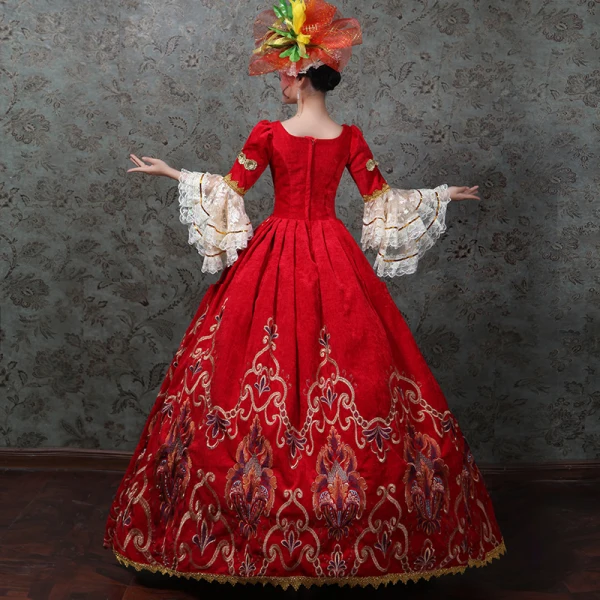 Vintage / Retro Medieval Red Ball Gown Prom Dresses 2021 Long Sleeve Zipper Up Square Neckline Floor-Length / Long 3D Lace Embroidered Lace Satin Cosplay Prom Formal Dresses