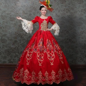 Vintage Middelalder Rød Ballkjole Ballkjoler 2021 Langermede Glidlås Firkantet Hals Lange 3d Lace Brodert Blonder Satin Cosplay Ball Formelle Kjoler