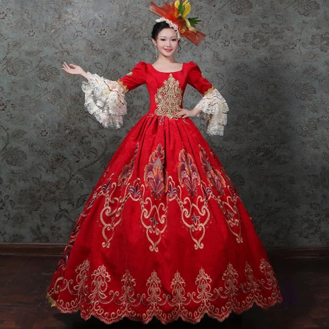 Vintage Mittelalterlich Rot Ballkleid Ballkleider 2021 Lange Ärmel Reißverschluss Eckiger Ausschnitt Lange 3D Spitze Stickerei Spitze Satin Cosplay Ball Festliche Kleider