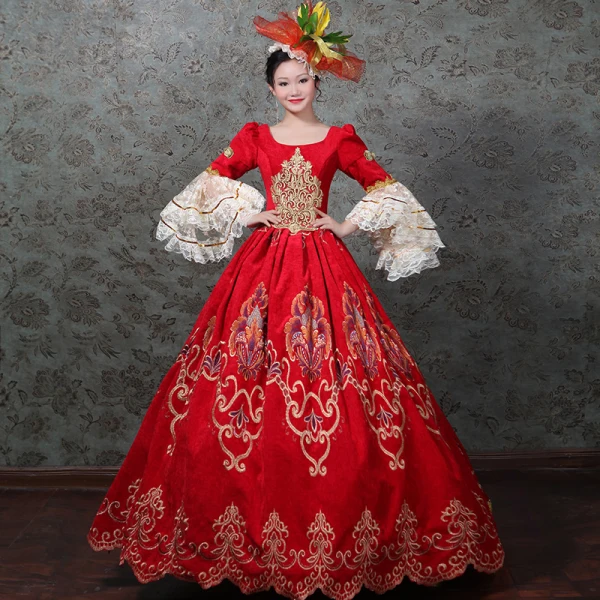 Vintage / Retro Medieval Red Ball Gown Prom Dresses 2021 Long Sleeve Zipper Up Square Neckline Floor-Length / Long 3D Lace Embroidered Lace Satin Cosplay Prom Formal Dresses