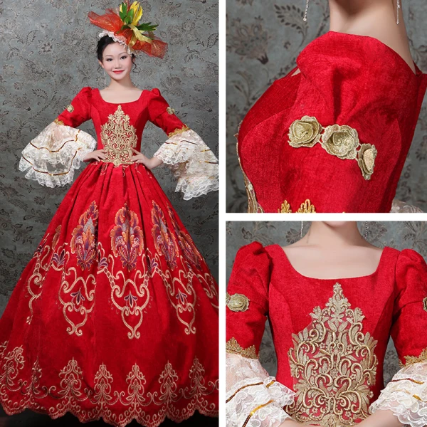 Vintage / Retro Medieval Red Ball Gown Prom Dresses 2021 Long Sleeve Zipper Up Square Neckline Floor-Length / Long 3D Lace Embroidered Lace Satin Cosplay Prom Formal Dresses