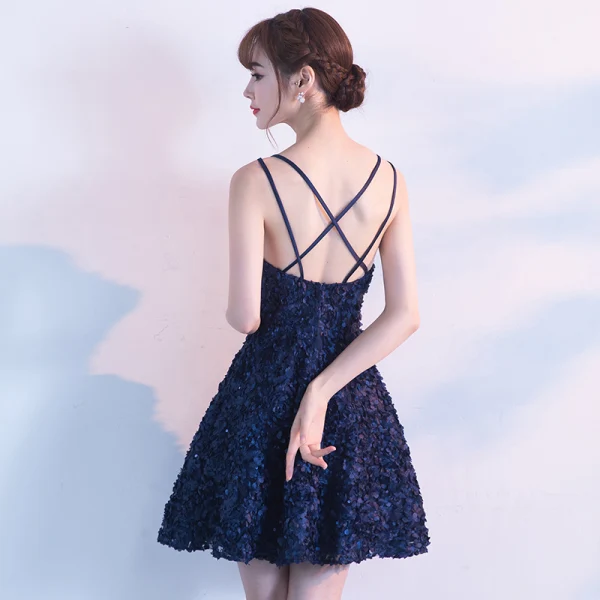 Modern / Fashion Formal Dresses 2017 Party Dresses Navy Blue Short A-Line / Princess V-Neck Sleeveless Backless Appliques Flower Sequins