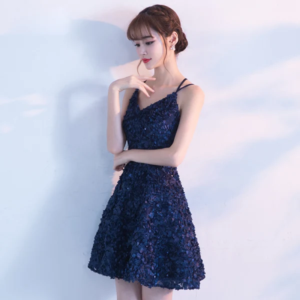 Modern / Fashion Formal Dresses 2017 Party Dresses Navy Blue Short A-Line / Princess V-Neck Sleeveless Backless Appliques Flower Sequins