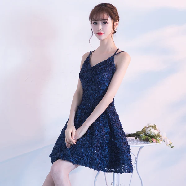 Modern / Fashion Formal Dresses 2017 Party Dresses Navy Blue Short A-Line / Princess V-Neck Sleeveless Backless Appliques Flower Sequins